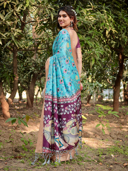 Pure Silk Digitally Printed Saree Weaved With Golden Zari Comes With Tassel