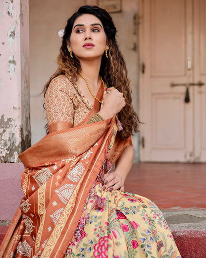 Cream Beige Printed Silk Light Weight Saree