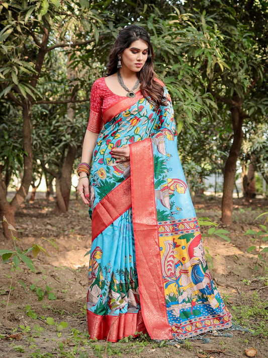 Sky Blue Base With a Striking Red Zari Border Tussar Silk Saree