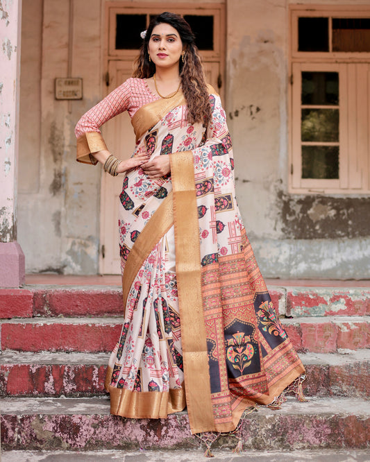 Cream & Light Brown Silk Saree With Digital Printed Work