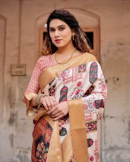 Cream & Light Brown Silk Saree With Digital Printed Work