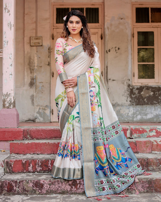 Grey Silk Saree With Digital Printed Work