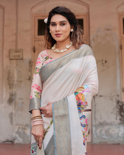 Grey Silk Saree With Digital Printed Work