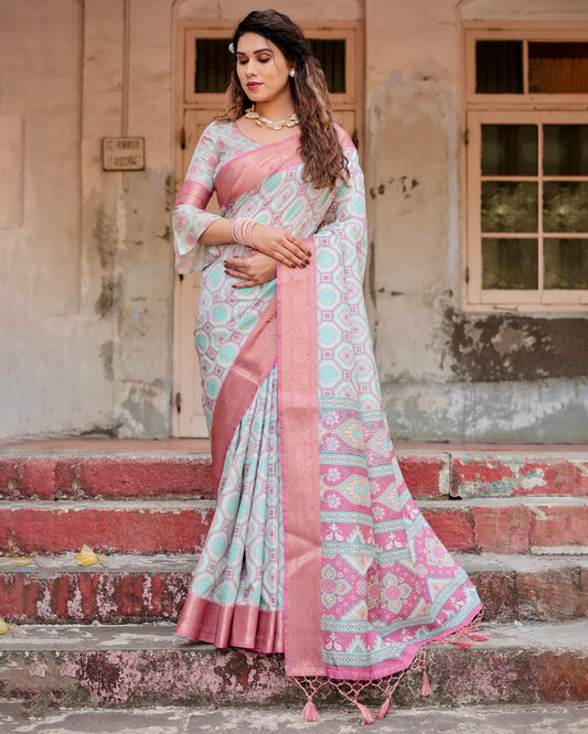 Pure Tussar Silk Digitally Printed Saree with Golden Zari and Tassels