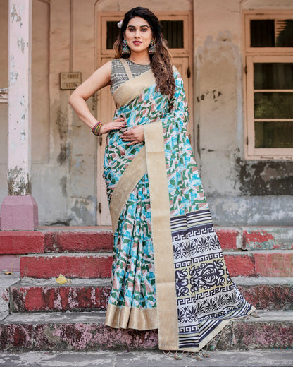 Pure Silk Digital Printed Sky Blue Saree with Brocade Blouse