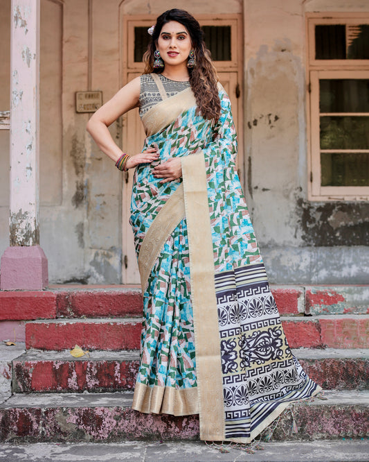 Pure Silk Digital Printed Sky Blue Saree with Brocade Blouse