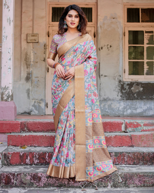 Pure Dola Silk Digitally Printed Saree with Golden Zari and Tassels