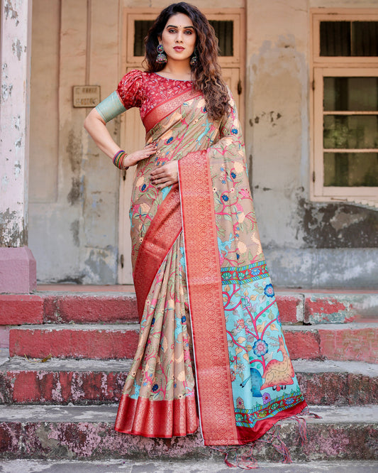 Exclusive Beige And Aqua Soft Silk Wedding Wear Printed Saree with Blouse