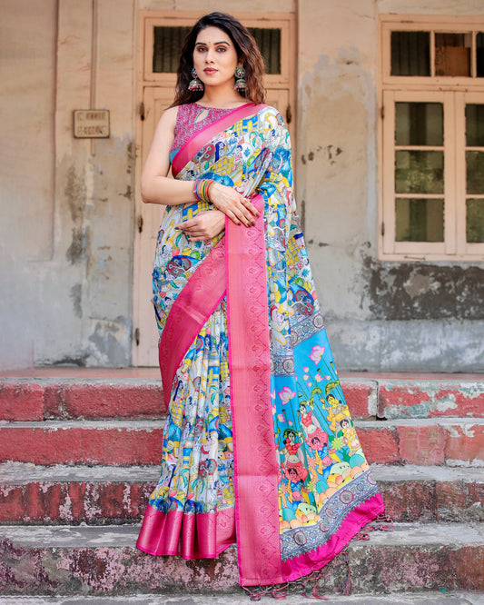 Pure Tussar Silk Digitally Printed Saree with Golden Zari and Tassels