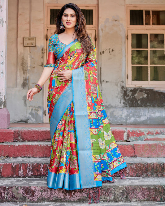 Pure Silk Digital Printed Sky Blue Saree with Brocade Blouse