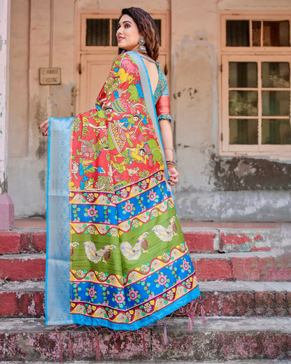 Pure Silk Digital Printed Sky Blue Saree with Brocade Blouse