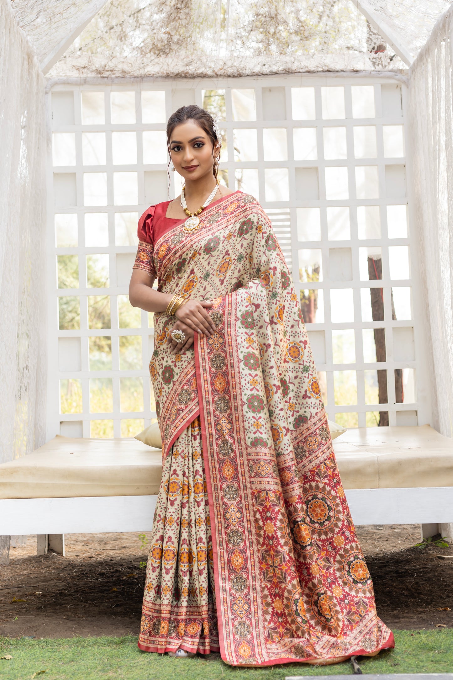 Off-White Patola Silk Saree