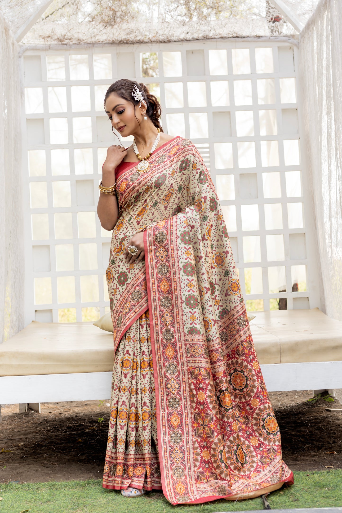 Off-White Patola Silk Saree