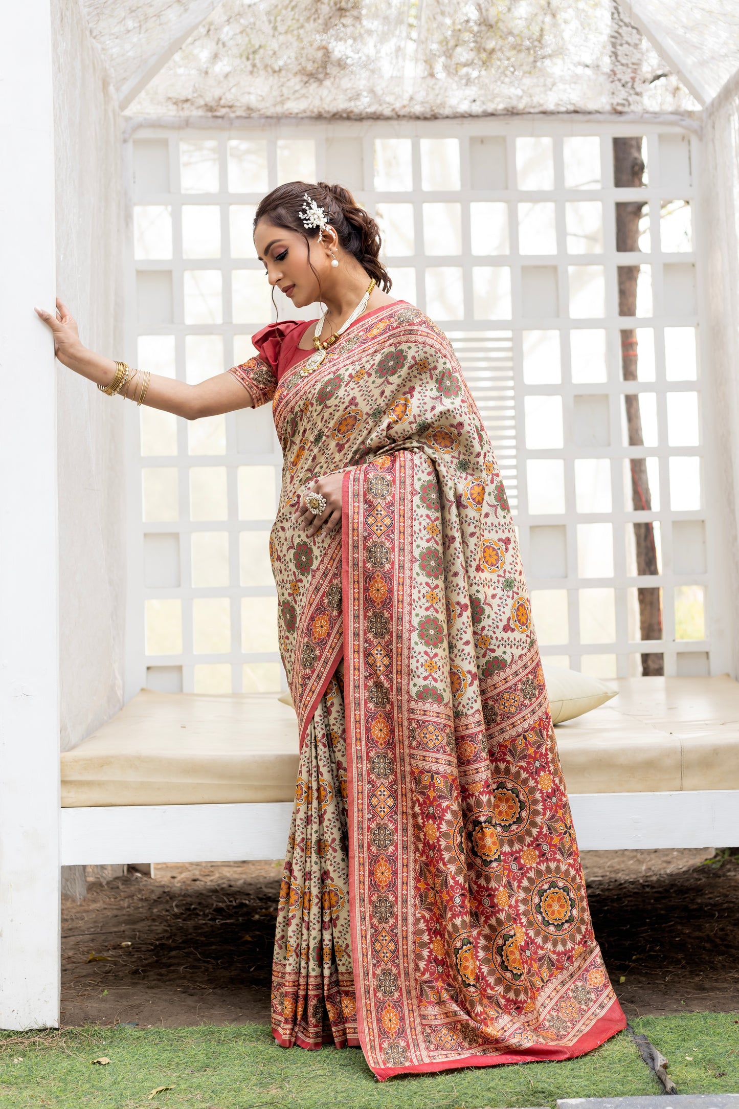 Off-White Patola Silk Saree