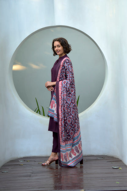 Wine Vatican Kurta Set with Embroidered Neckline and Chinnon Dupatta