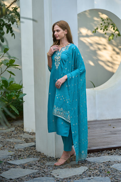 Blue Vatican Kurta Set with Embroidered Neckline & Chanderi Jacquard Dupatta