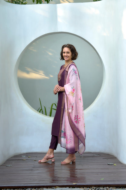 Purple Vatican Kurta Set with Embroidered Neckline & Organza Butti Dupatta