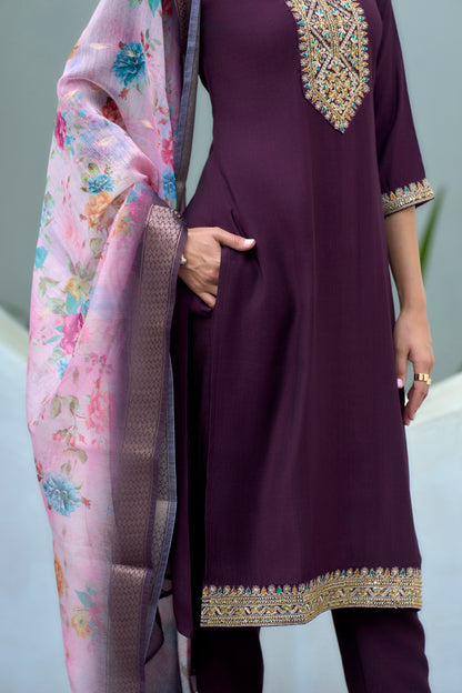 Purple Vatican Kurta Set with Embroidered Neckline & Chanderi Butti Dupatta