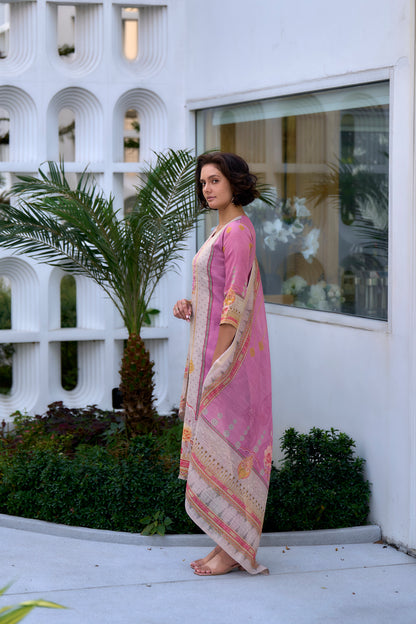 Elegant Pink Silk Blend Kurta Set with Embroidered Neckline & Dupatta