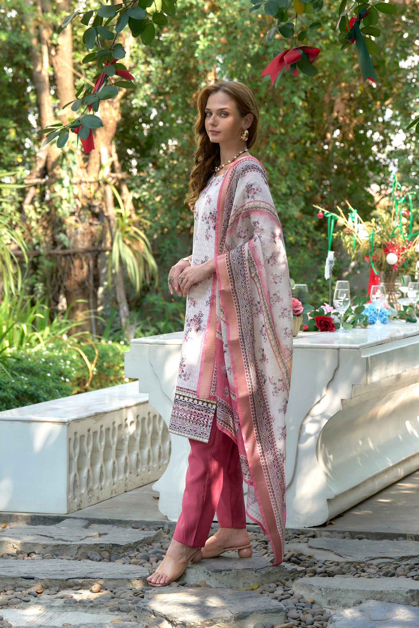 White Cotton Printed Kurta Set with Embroidered Neckline & Linen Dupatta