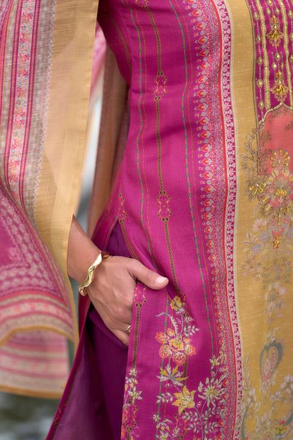 Pink Silk Blend Kurta Set with Embroidered Neckline & Matching Dupatta