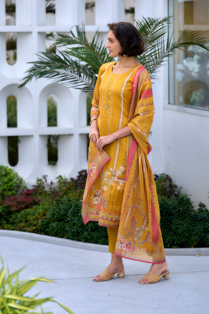 Vibrant Yellow Silk Blend Kurta Set with Embroidered Neckline & Dupatta