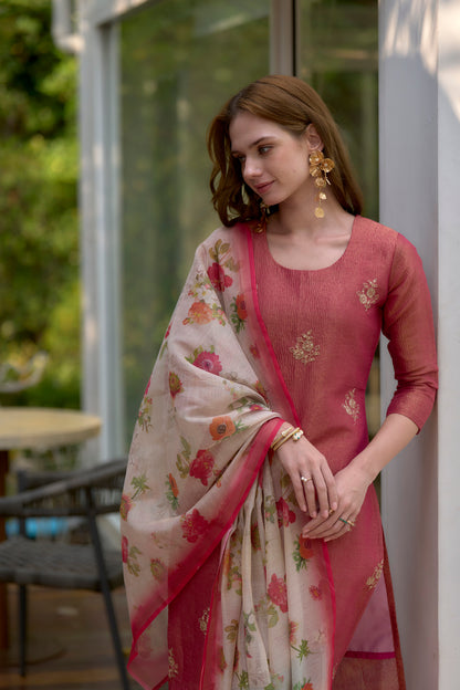 Pink Tissue Kurta Set with Embroidered Neckline & Coordinated Dupatta