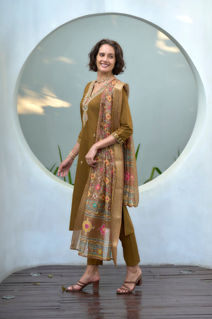 Brown Vatican Kurta Set with Embroidered Neckline & Chanderi Butti Dupatta