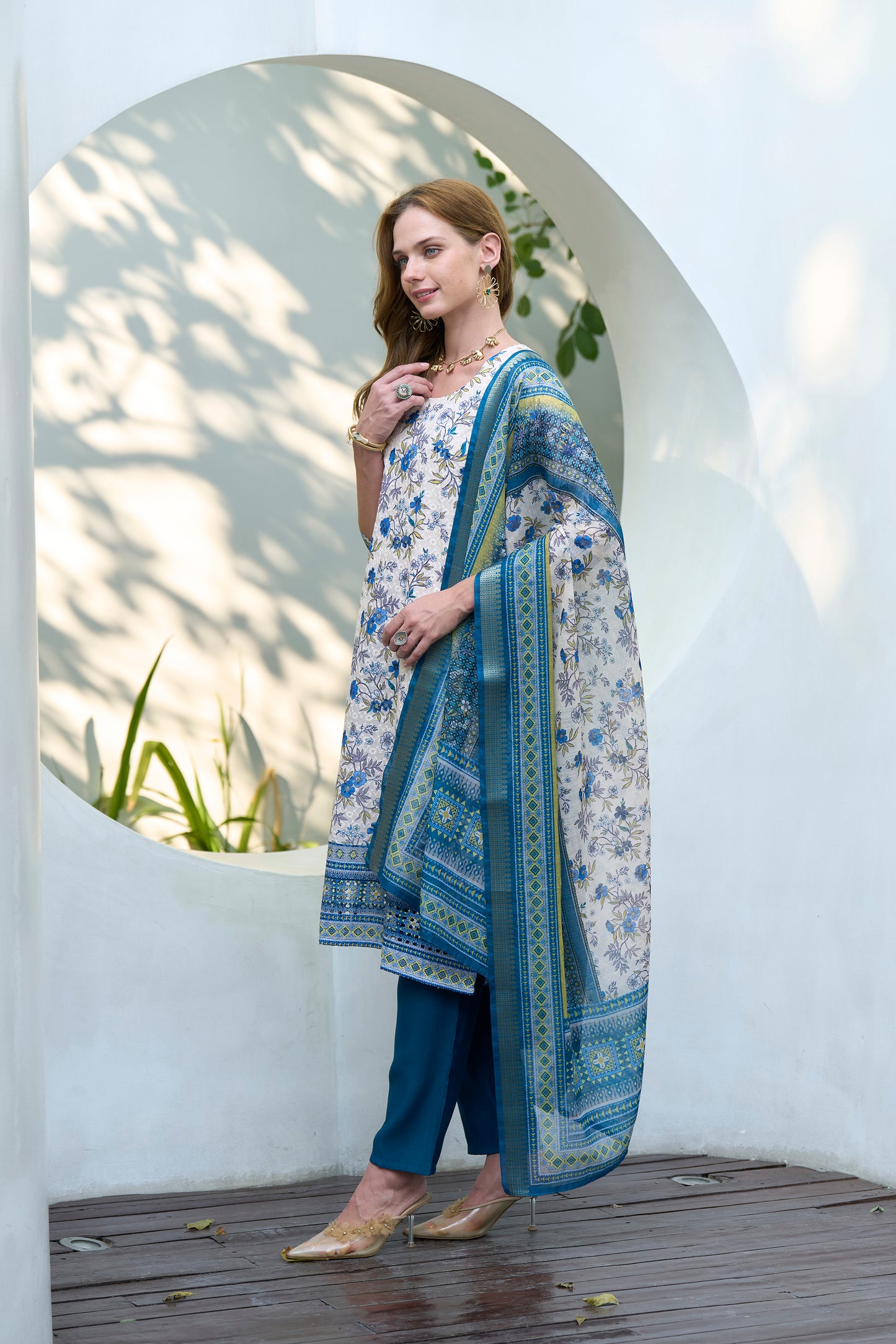 White & Blue Printed Cotton Kurta Set with Embroidered Neckline and Linen Dupatta