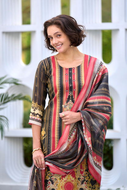 Elegant Black Silk Blend Kurta Set with Embroidered Neckline & Dupatta