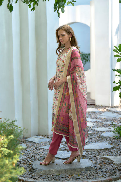 White & Pink Printed Cotton Kurta Set with Embroidered Neckline and Linen Dupatta