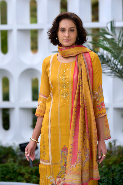 Vibrant Yellow Silk Blend Kurta Set with Embroidered Neckline & Dupatta