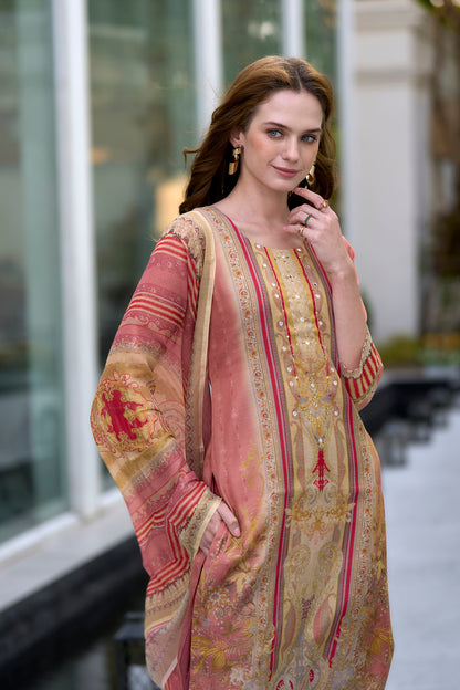 Elegant Peach Silk Blend Kurta Set with Embroidered Neckline & Dupatta