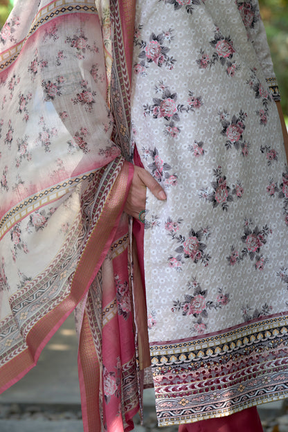 White Cotton Printed Kurta Set with Embroidered Neckline & Linen Dupatta