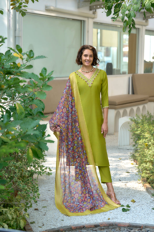 Lime Green Vatican Kurta Set with Embroidered Neckline & Chanderi Butti Dupatta