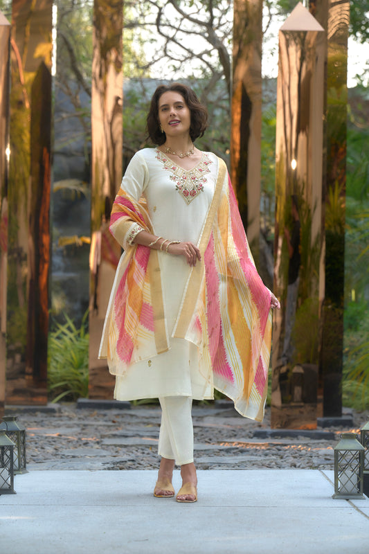 Cream Vatican Kurta Set with Embroidered Neckline & Chanderi Butti Dupatta