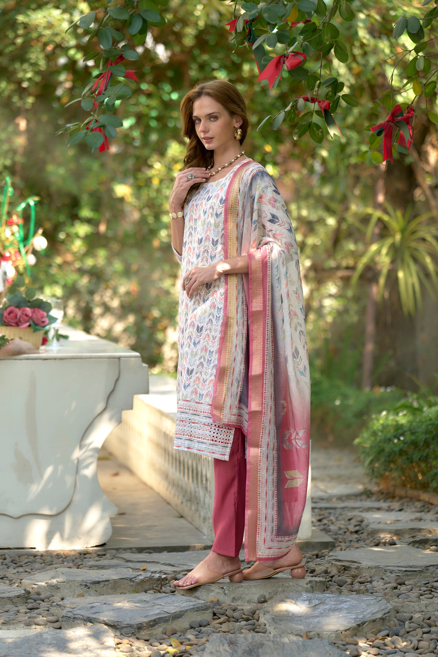 White Cotton Printed Kurta Set with Embroidered Neck & Linen Dupatta