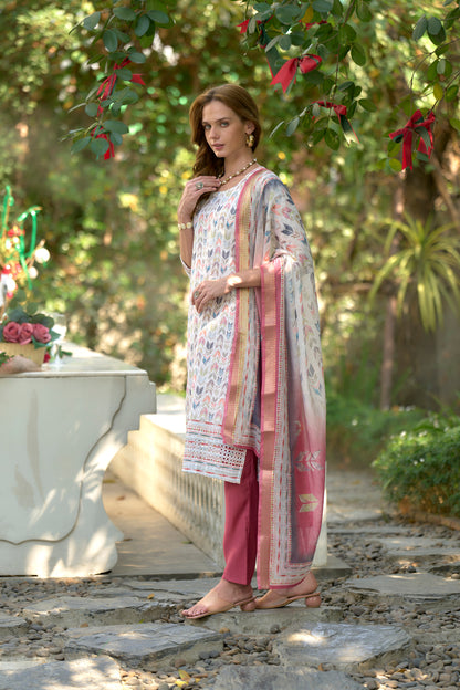 White Cotton Printed Kurta Set with Embroidered Neck & Linen Dupatta