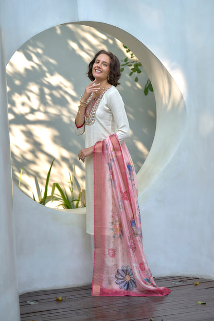 Off-White Vatican Kurta Set with Embroidered Neckline & Organza Butti Dupatta