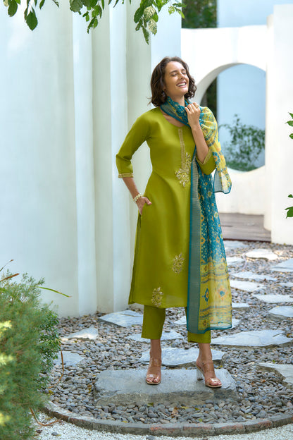 Lime Green Vatican Kurta Set with Embroidered Neckline & Chanderi Butti Dupatta