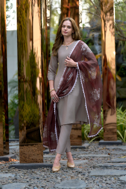 Brown Vatican Kurta Set with Embroidered Neckline and Organza Dupatta