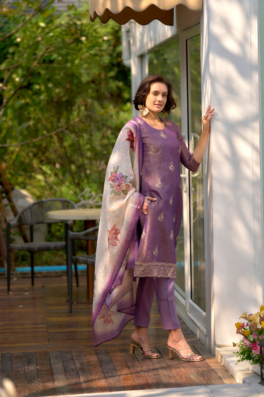 Light Purple Tissue Kurta Set with Embroidered Neckline & Matching Dupatta