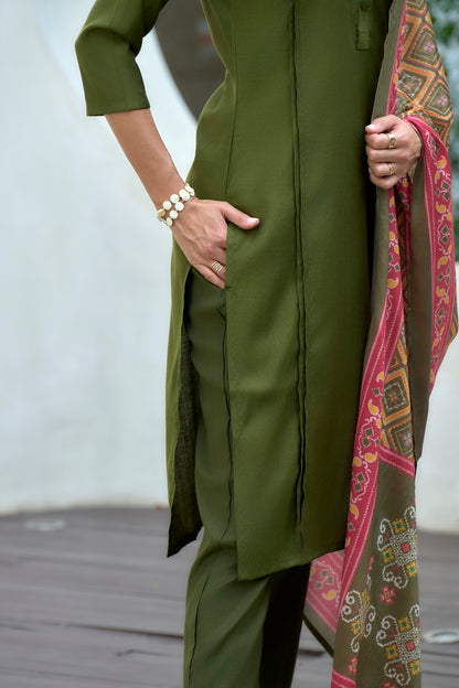 Green Vatican Kurta Set with Embroidered Neckline & Chinnon Dupatta
