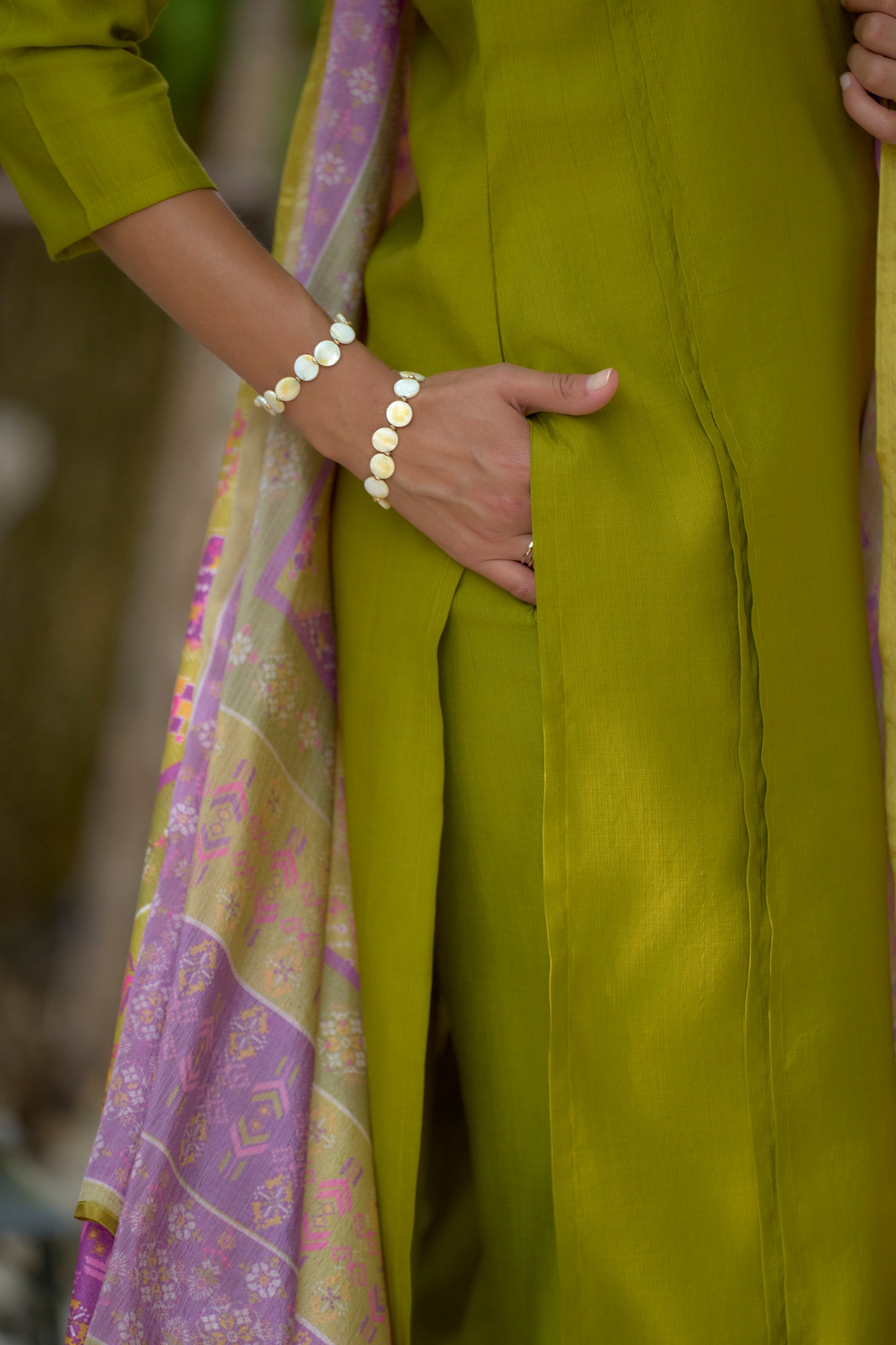 Mehendi Green Vatican Kurta Set with Embroidered Neckline and Chinnon Dupatta