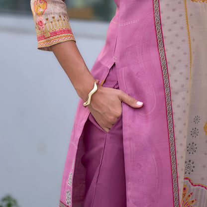 Elegant Pink Silk Blend Kurta Set with Embroidered Neckline & Dupatta