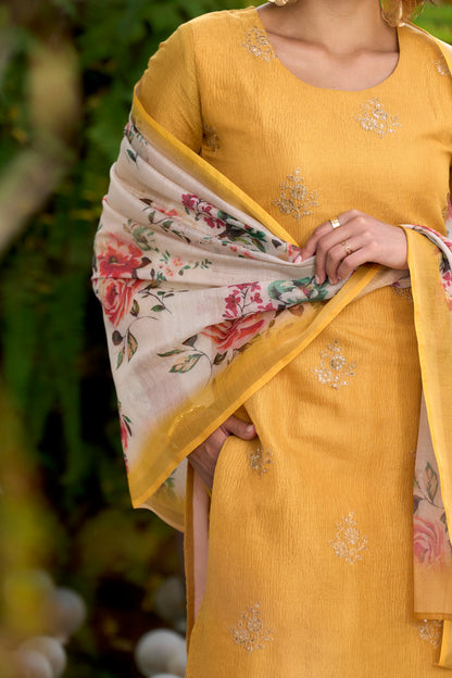 Yellow Tissue Kurta Set with Embroidered Neckline & Coordinated Dupatta