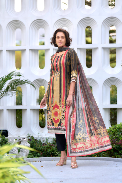 Elegant Black Silk Blend Kurta Set with Embroidered Neckline & Dupatta
