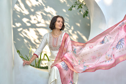 Off-White Vatican Kurta Set with Embroidered Neckline & Organza Butti Dupatta