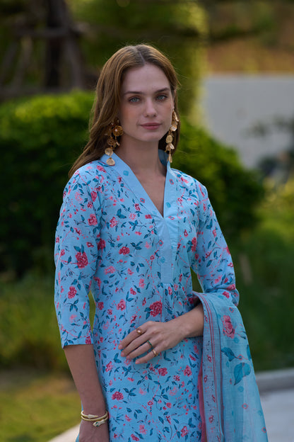 Sky Blue Vatican Floral Printed Kurta Set with Linen Dupatta