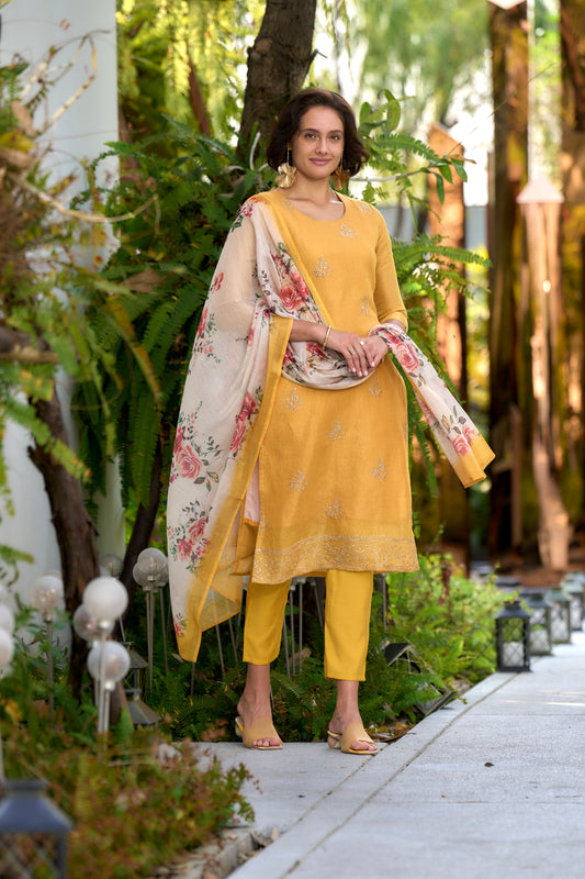 Yellow Tissue Kurta Set with Embroidered Neckline & Coordinated Dupatta